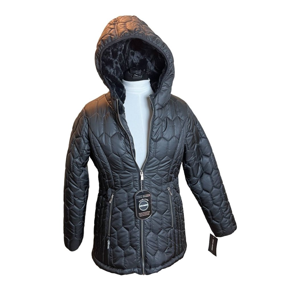 Steve Madden Womens Black Puffer Jacket Small Petite Hooded Fur Lined NWT